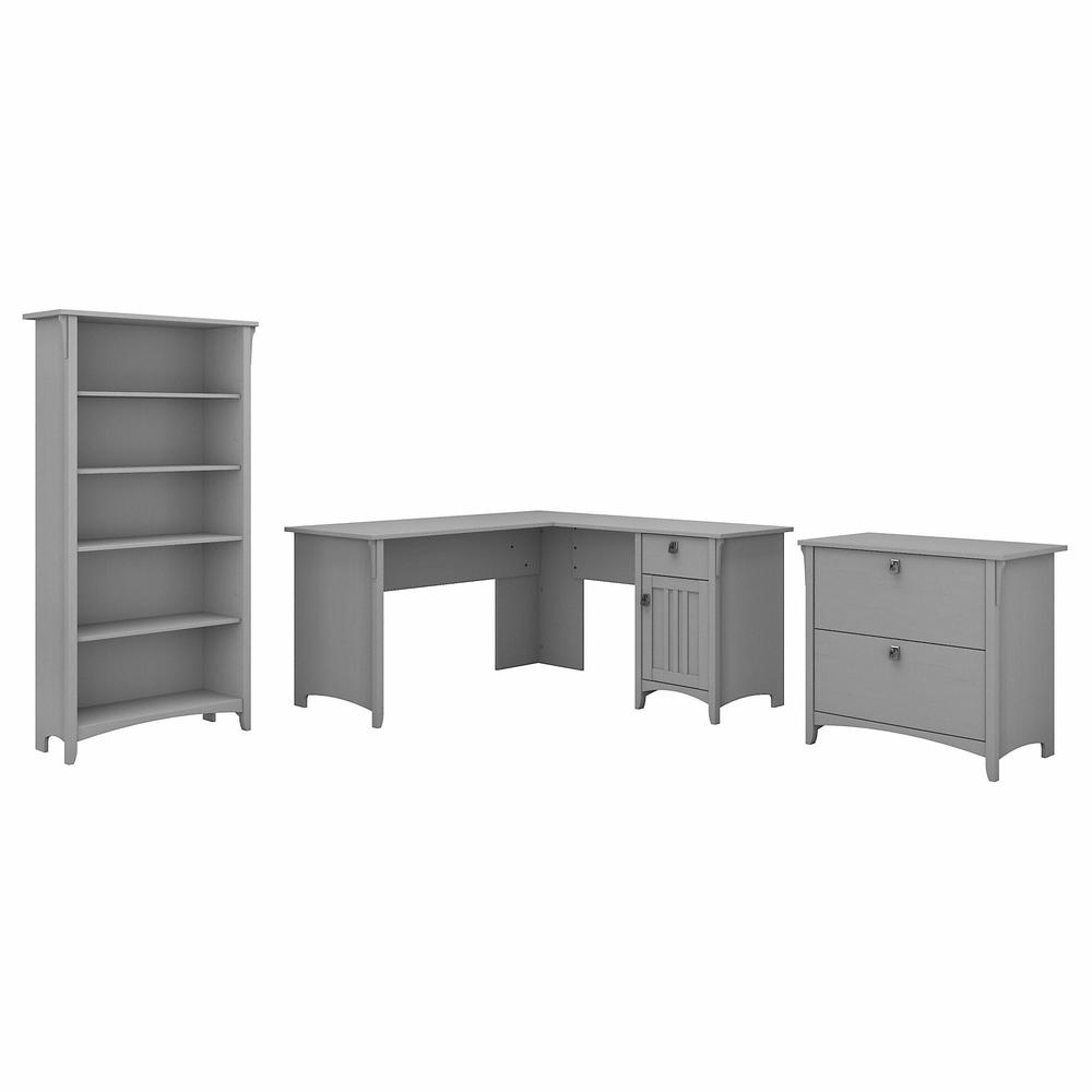 Bush Furniture Salinas 60W L Shaped Desk with Lateral File Cabinet and 5 Shelf Bookcase Cape Cod Gray. Picture 1
