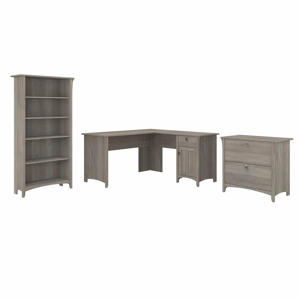 Bush Furniture Salinas 60W L Shaped Desk with Lateral File Cabinet and 5 Shelf Bookcase in Driftwood Gray. Picture 1