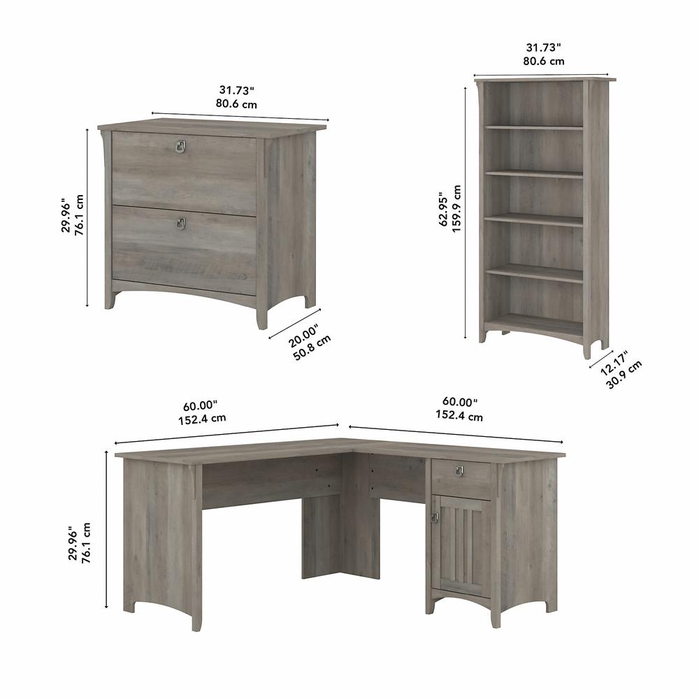Bush Furniture Salinas 60W L Shaped Desk with Lateral File Cabinet and 5 Shelf Bookcase in Driftwood Gray. Picture 7