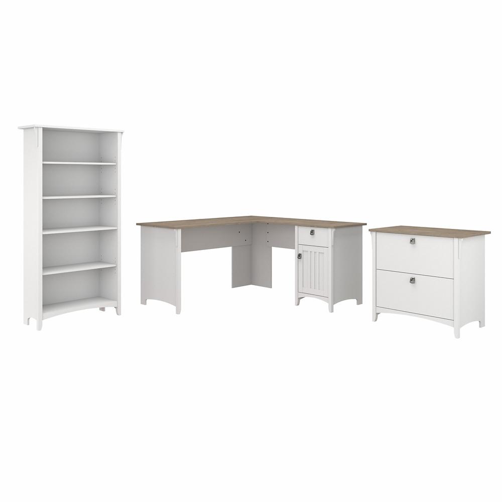 Bush Furniture Salinas 60W L Shaped Desk with Lateral File Cabinet and 5 Shelf Bookcase, Shiplap Gray/Pure White. Picture 1