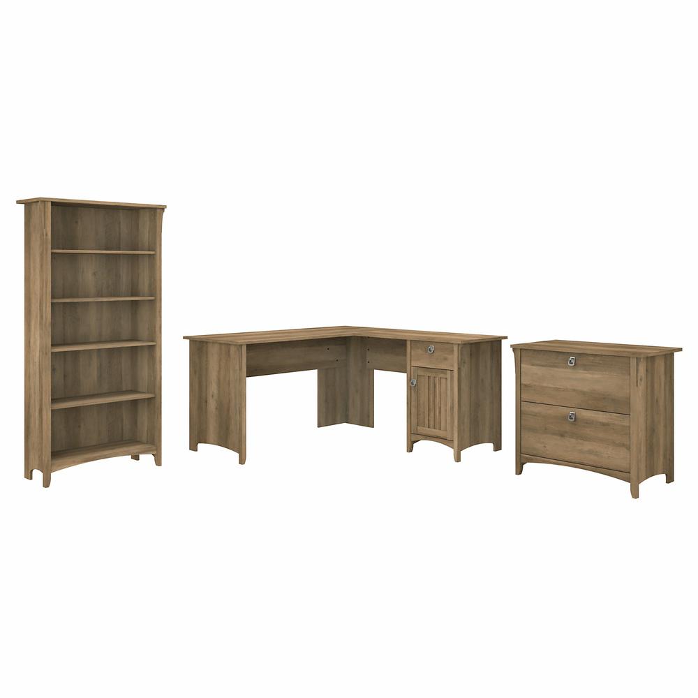 Bush Furniture Salinas 60W L Shaped Desk with Lateral File Cabinet and 5 Shelf Bookcase, Reclaimed Pine. Picture 1