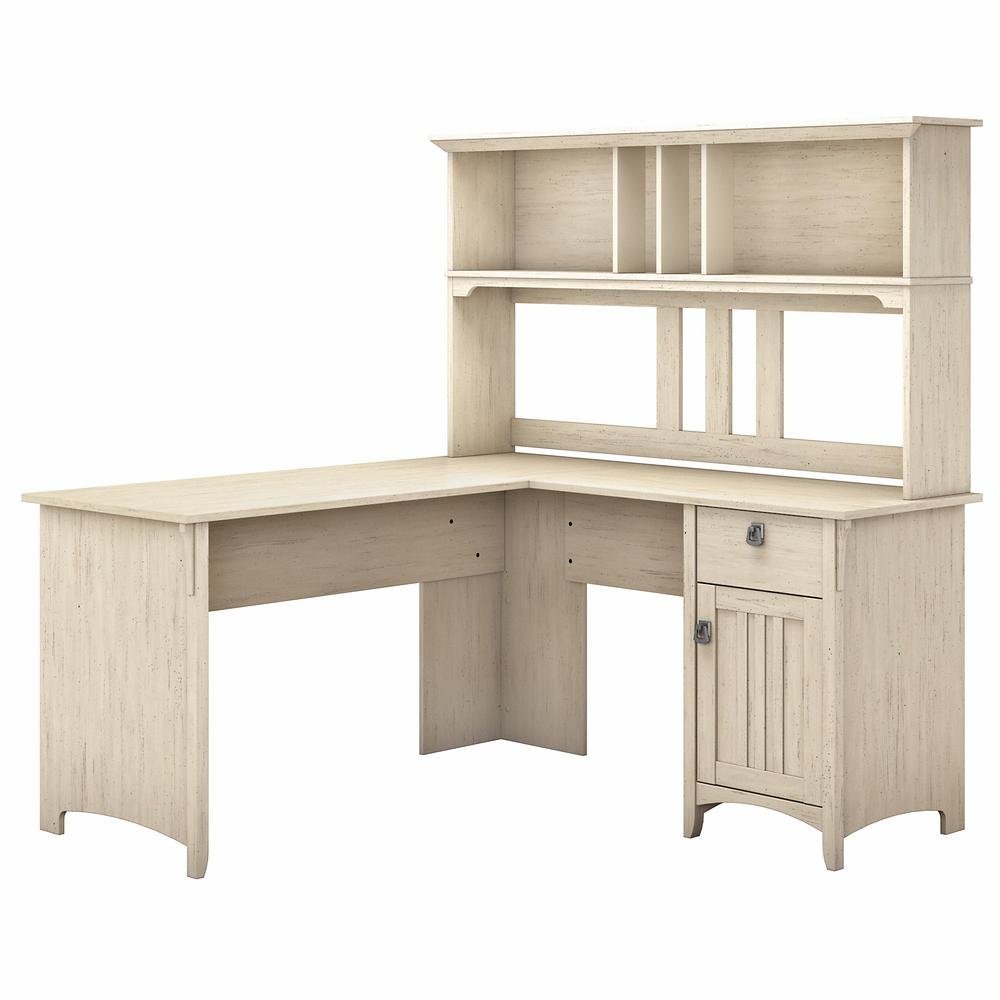 Bush Furniture Salinas 60W L Shaped Desk with Hutch Antique White. Picture 1