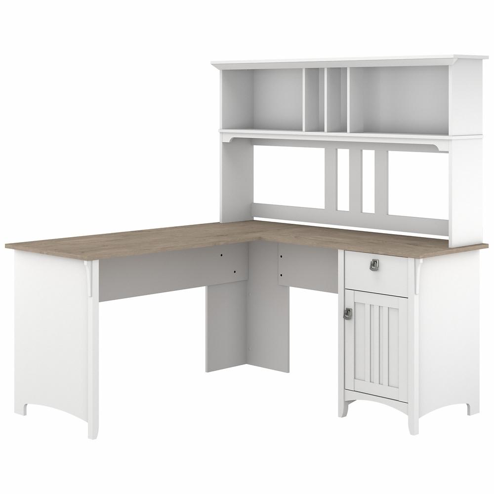 60W L Shaped Desk with Hutch Shiplap Gray/Pure White. Picture 1
