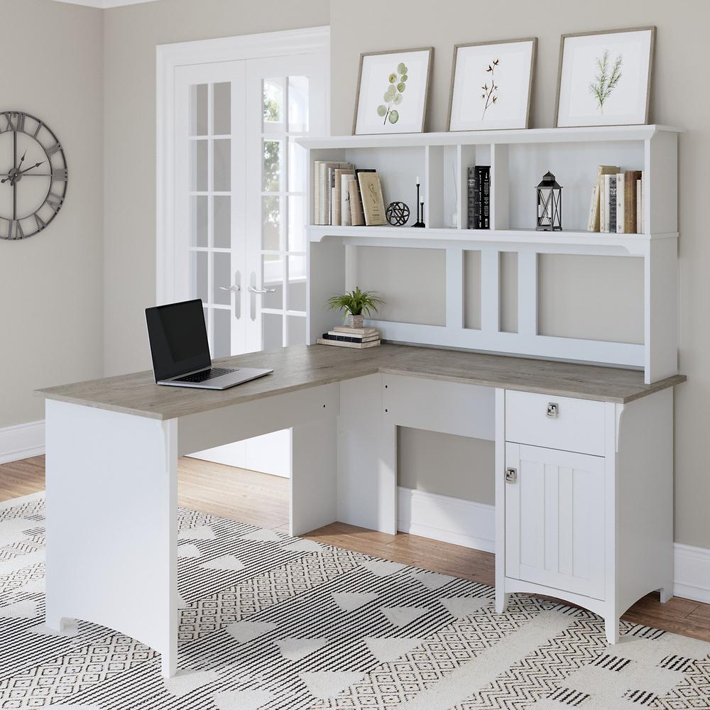 60W L Shaped Desk with Hutch Shiplap Gray/Pure White. Picture 2