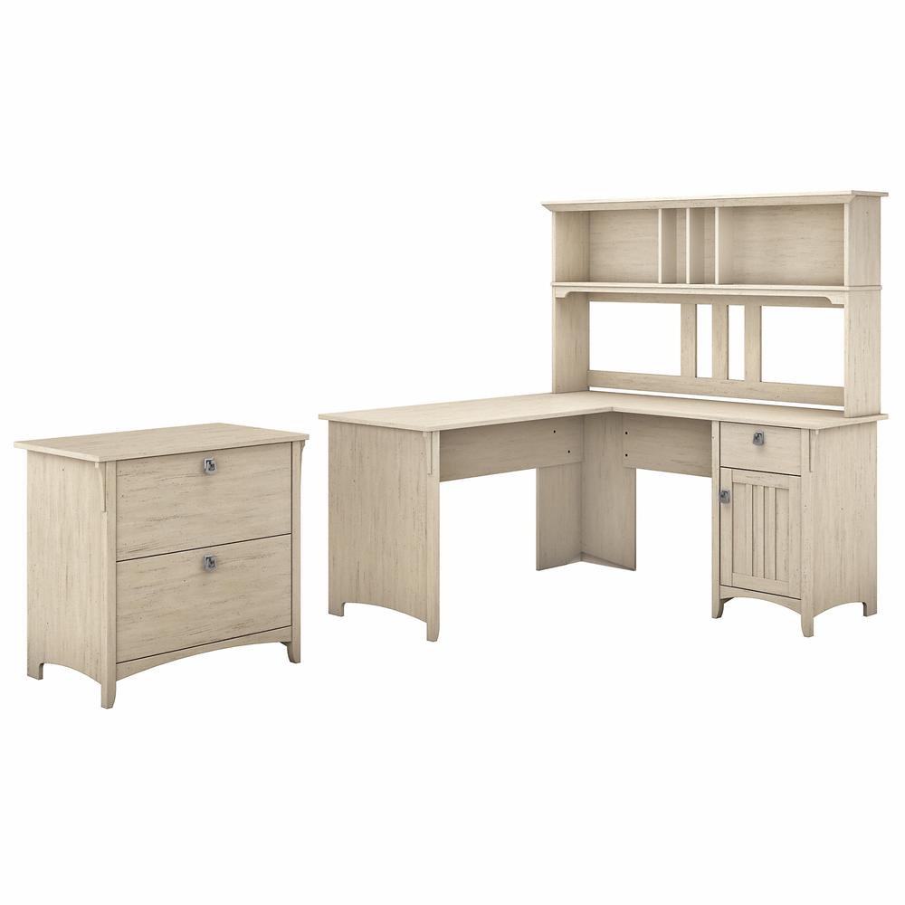 Bush Furniture Salinas 60W L Shaped Desk with Hutch and Lateral File Cabinet, Antique White. Picture 1