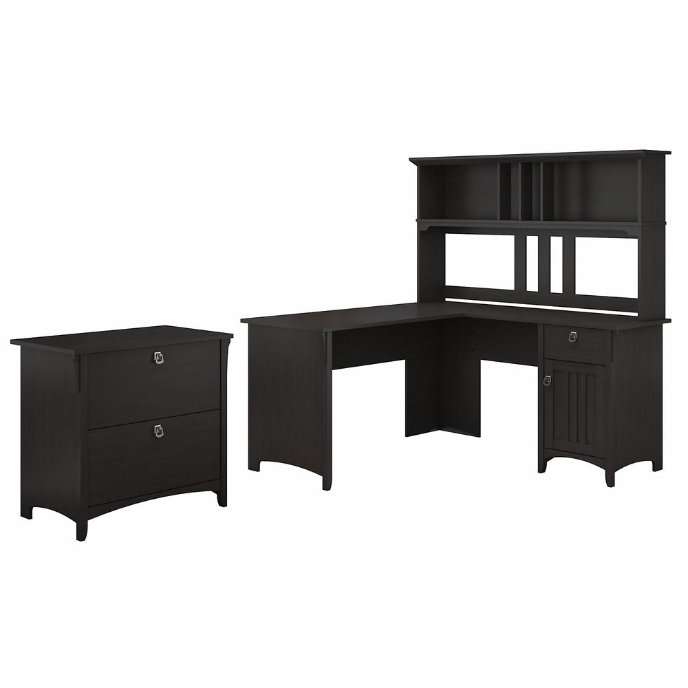 Bush Furniture Salinas 60W L Shaped Desk with Hutch and Lateral File Cabinet, Vintage Black. Picture 1