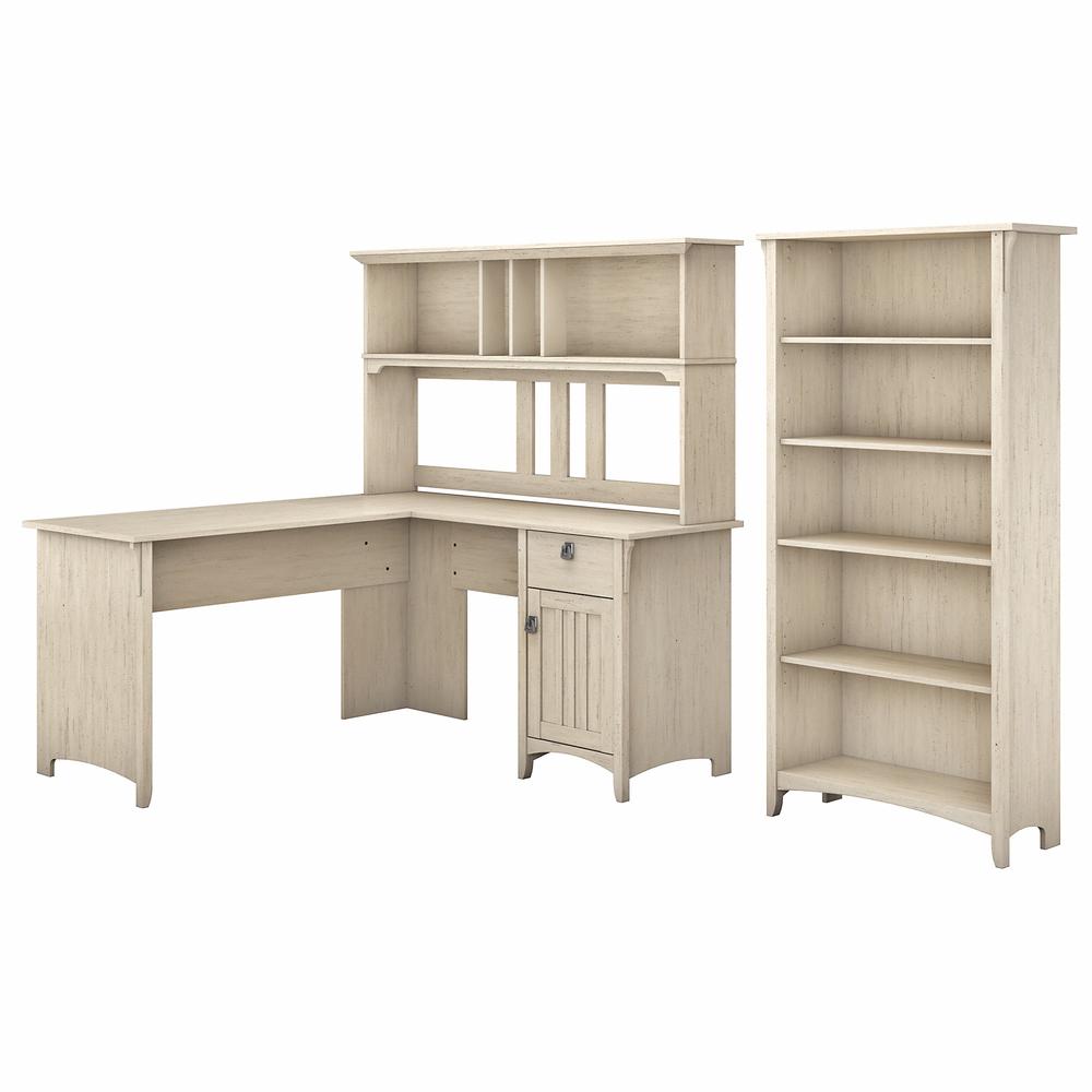Bush Furniture Salinas 60W L Shaped Desk with Hutch and 5 Shelf Bookcase, Antique White. Picture 1