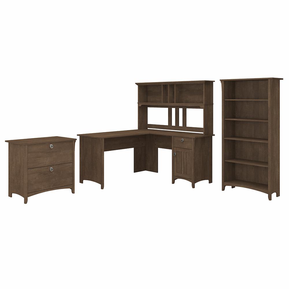 Bush Furniture Salinas 60W L Shaped Desk with Hutch, Lateral File Cabinet and 5 Shelf Bookcase, Ash Brown. Picture 1