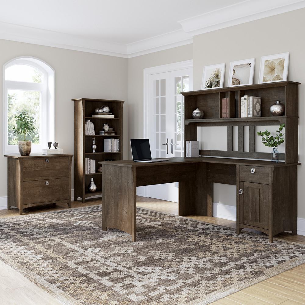 Bush Furniture Salinas 60W L Shaped Desk with Hutch, Lateral File Cabinet and 5 Shelf Bookcase, Ash Brown. Picture 2