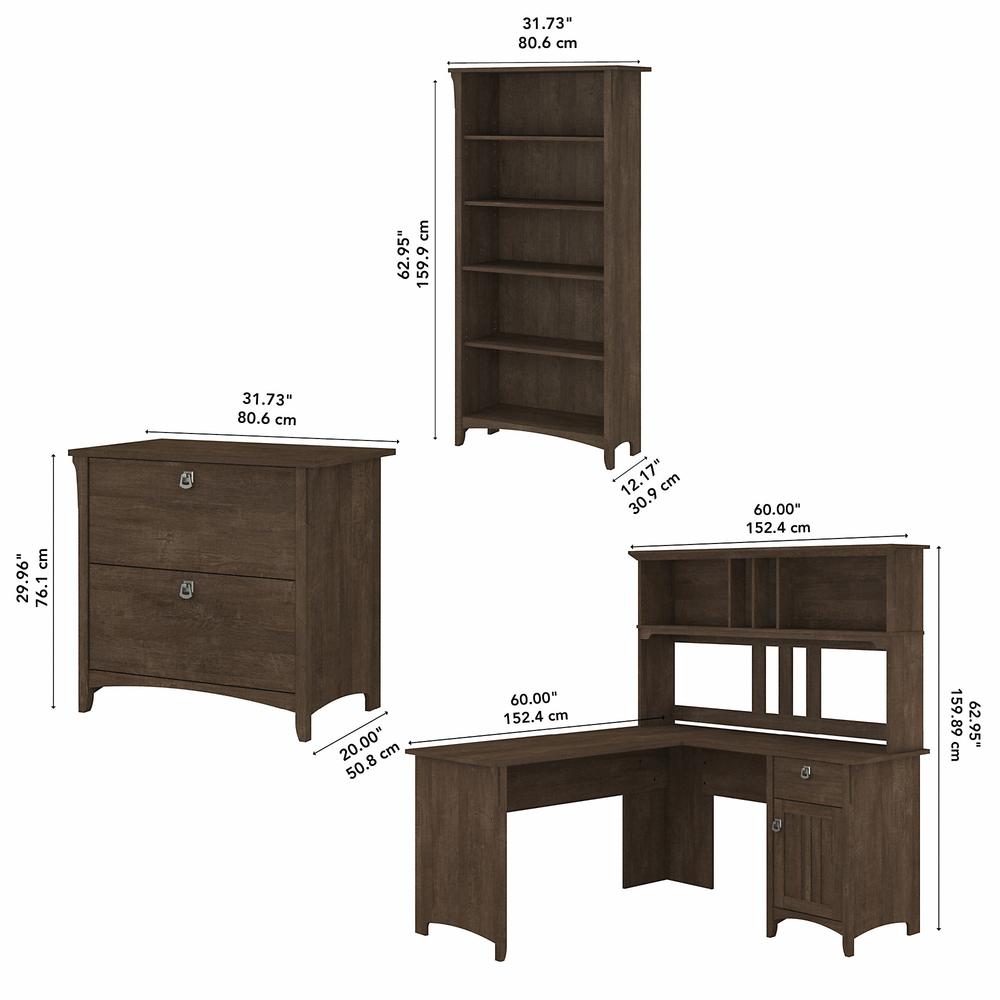 Bush Furniture Salinas 60W L Shaped Desk with Hutch, Lateral File Cabinet and 5 Shelf Bookcase, Ash Brown. Picture 5