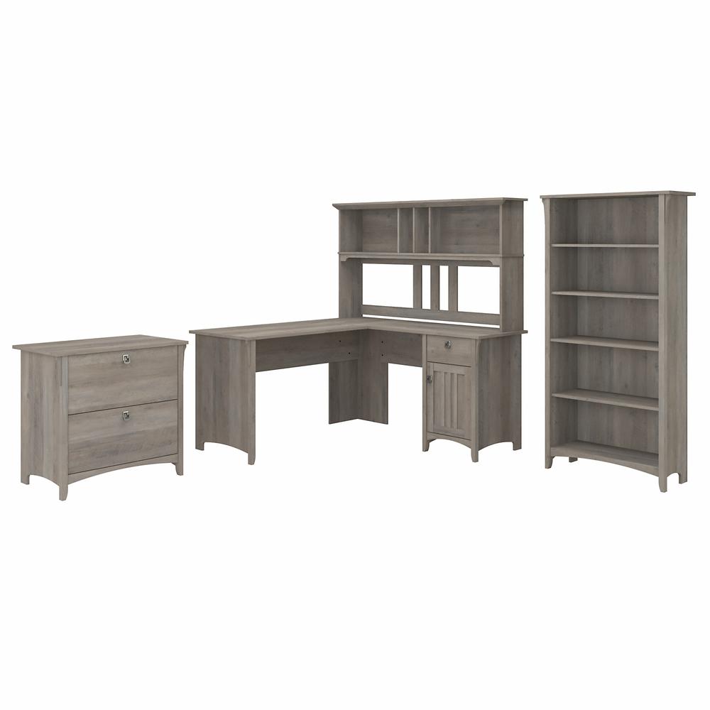 Bush Furniture Salinas 60W L Shaped Desk with Hutch, Lateral File Cabinet and 5 Shelf Bookcase, Driftwood Gray. Picture 1