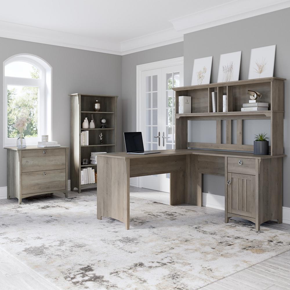 Bush Furniture Salinas 60W L Shaped Desk with Hutch, Lateral File Cabinet and 5 Shelf Bookcase, Driftwood Gray. Picture 2