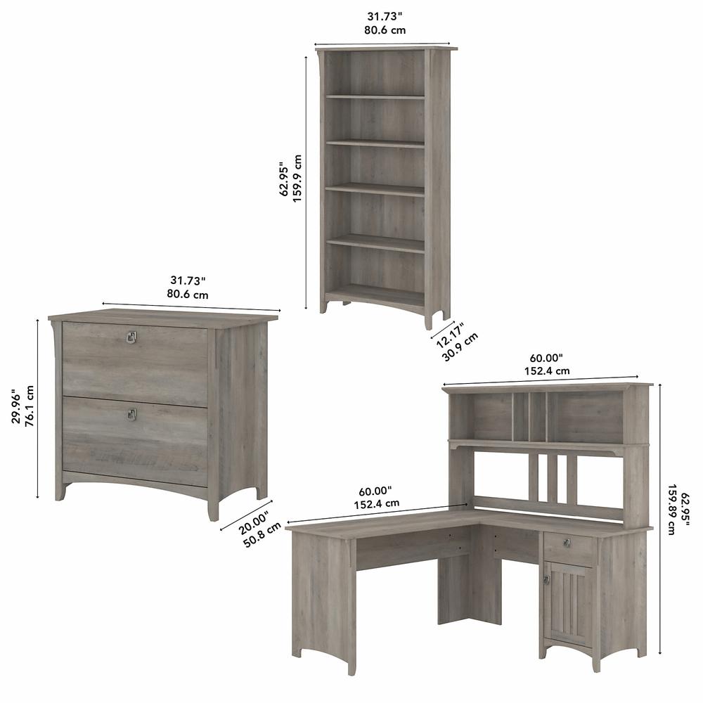 Bush Furniture Salinas 60W L Shaped Desk with Hutch, Lateral File Cabinet and 5 Shelf Bookcase, Driftwood Gray. Picture 5