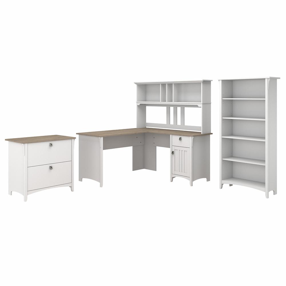 Bush Furniture Salinas 60W L Shaped Desk with Hutch, Lateral File Cabinet and 5 Shelf Bookcase, Shiplap Gray/Pure White. Picture 1