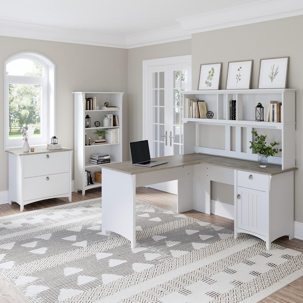 Bush Furniture Salinas 60W L Shaped Desk with Hutch, Lateral File Cabinet and 5 Shelf Bookcase, Shiplap Gray/Pure White. Picture 2