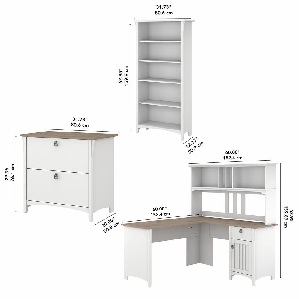 Bush Furniture Salinas 60W L Shaped Desk with Hutch, Lateral File Cabinet and 5 Shelf Bookcase, Shiplap Gray/Pure White. Picture 5