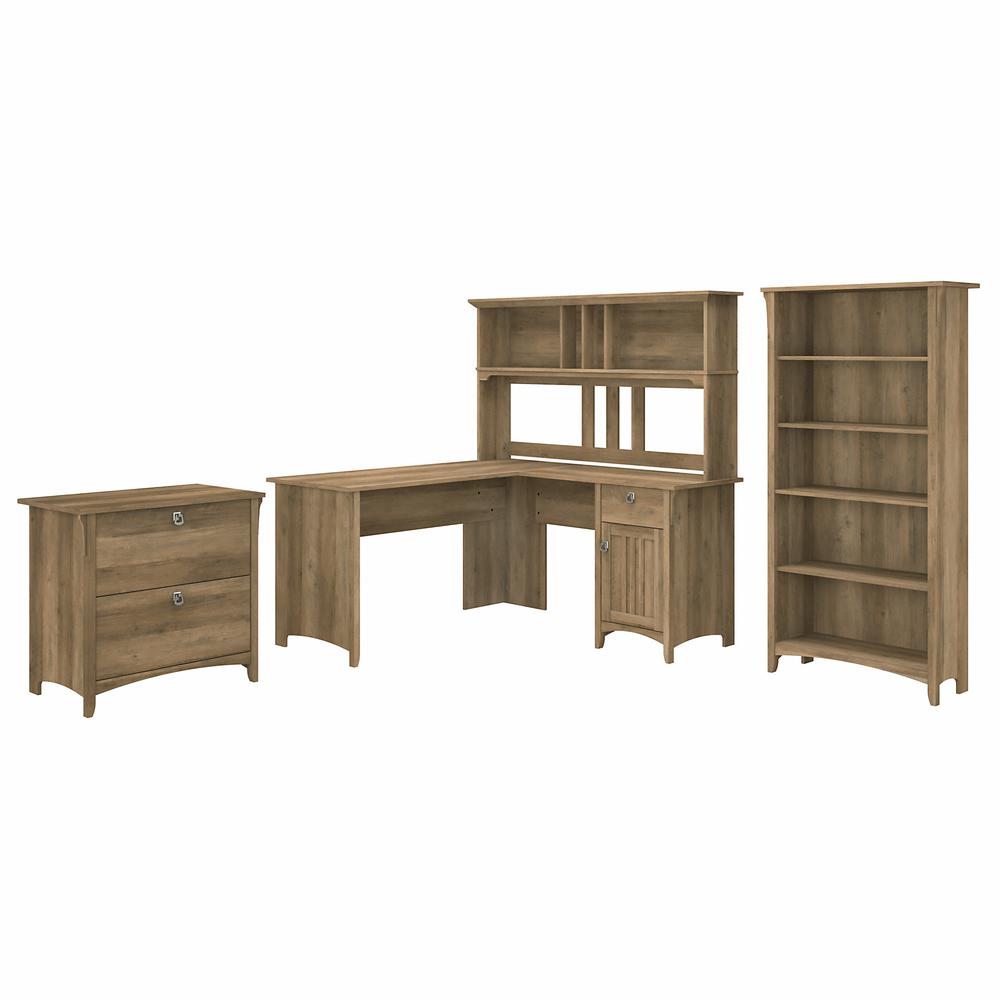 Bush Furniture Salinas 60W L Shaped Desk with Hutch, Lateral File Cabinet and 5 Shelf Bookcase, Reclaimed Pine. Picture 1