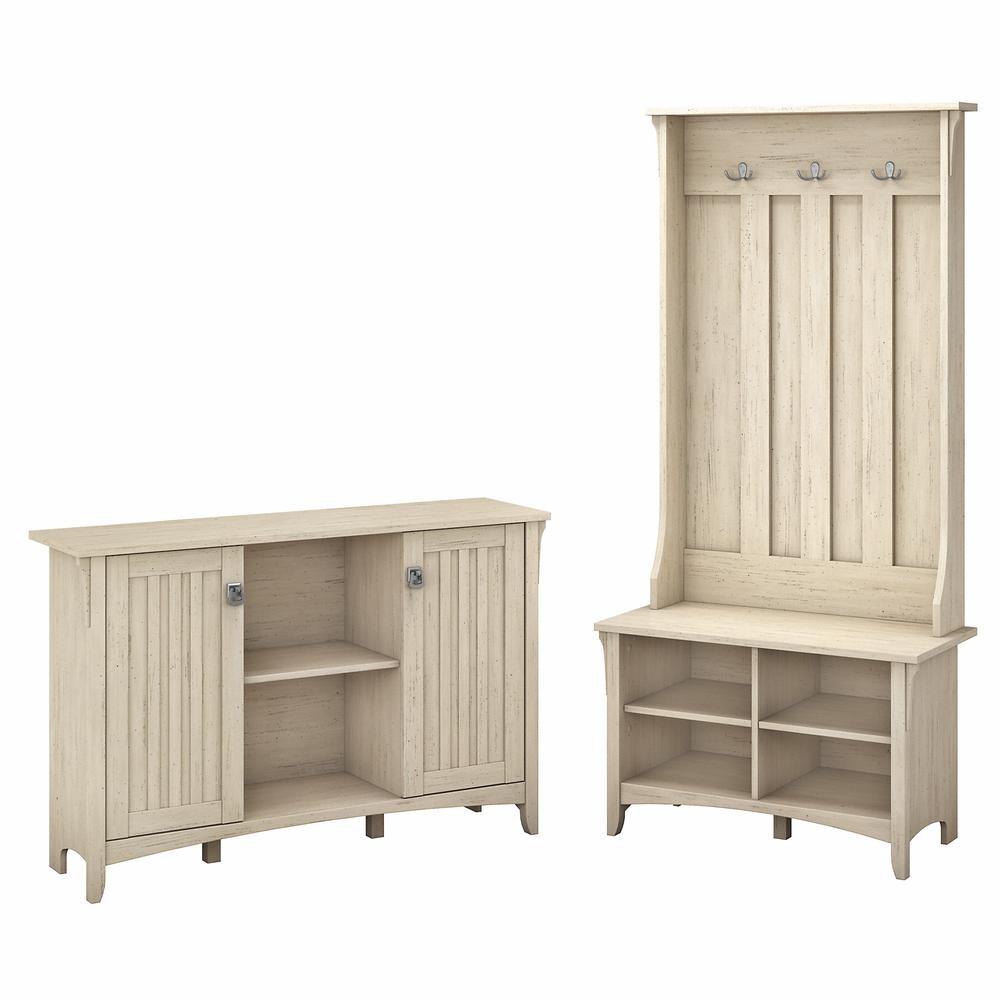 Bush Furniture Salinas Entryway Storage Set with Hall Tree, Shoe Bench and Accent Cabinet in Antique White. Picture 1