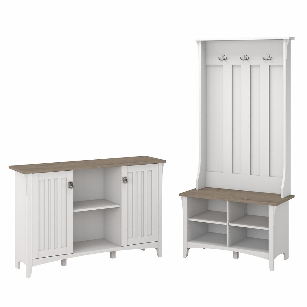 Bush Furniture Salinas Entryway Storage Set with Hall Tree, Shoe Bench and Accent Cabinet, Shiplap Gray/Pure White. Picture 1