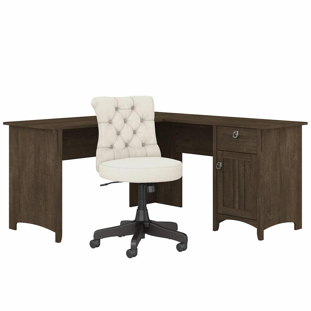 60W L Shaped Desk with Mid Back Tufted Office Chair Ash Brown. Picture 1