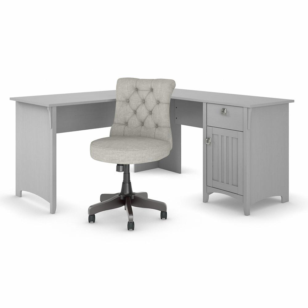 60W L Shaped Desk with Mid Back Tufted Office Chair, Cape Cod Gray. Picture 1