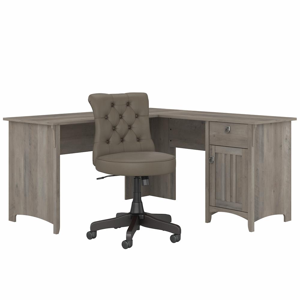 60W L Shaped Desk with Mid Back Tufted Office Chair Driftwood Gray. Picture 1