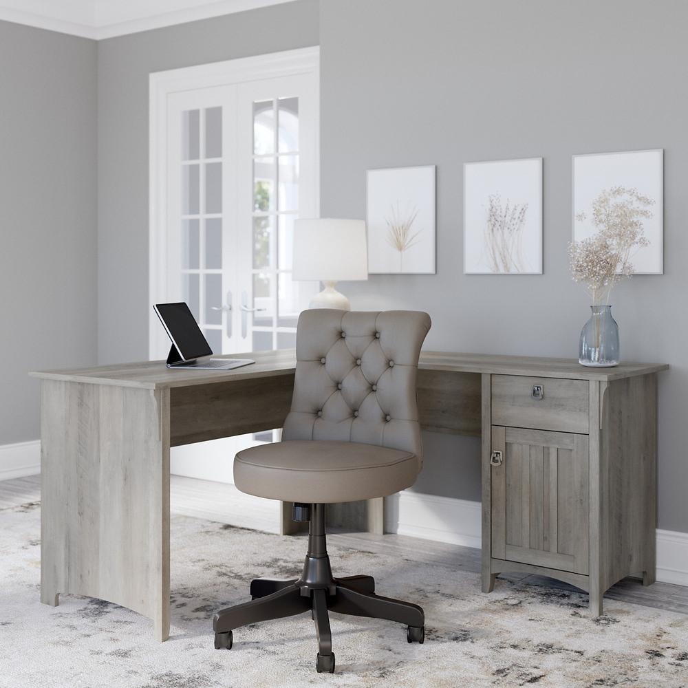 60W L Shaped Desk with Mid Back Tufted Office Chair Driftwood Gray. Picture 2