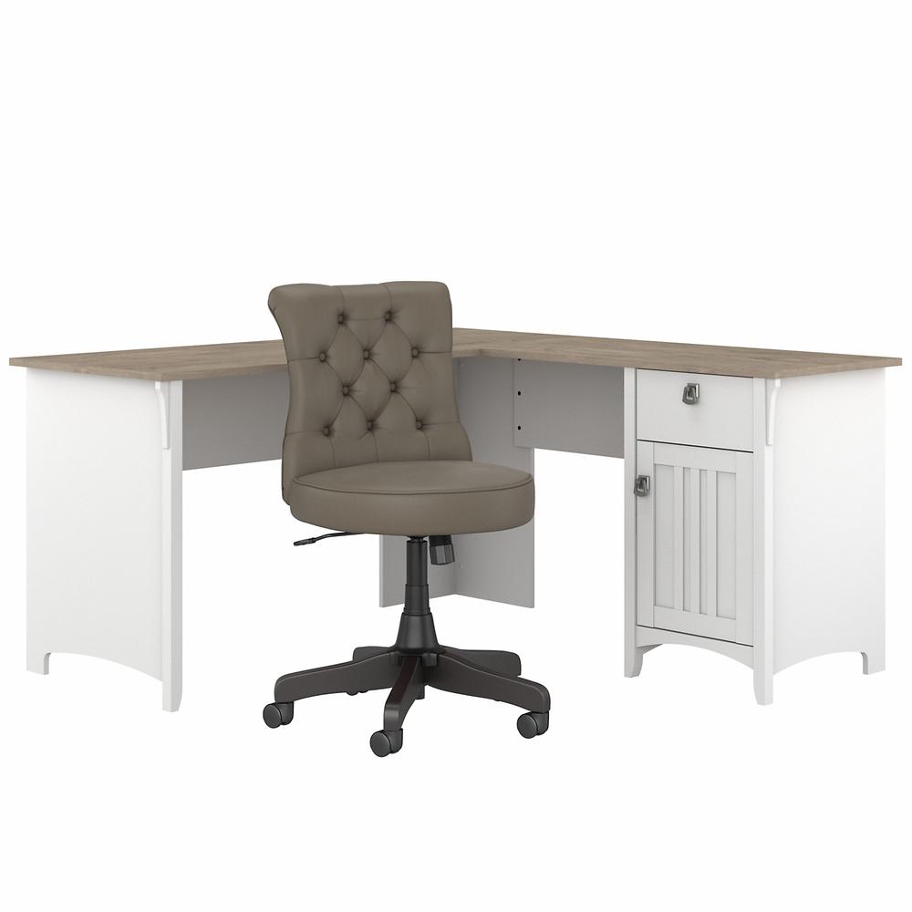 60W L Shaped Desk with Mid Back Tufted Office Chair Shiplap, Gray/Pure White. Picture 1