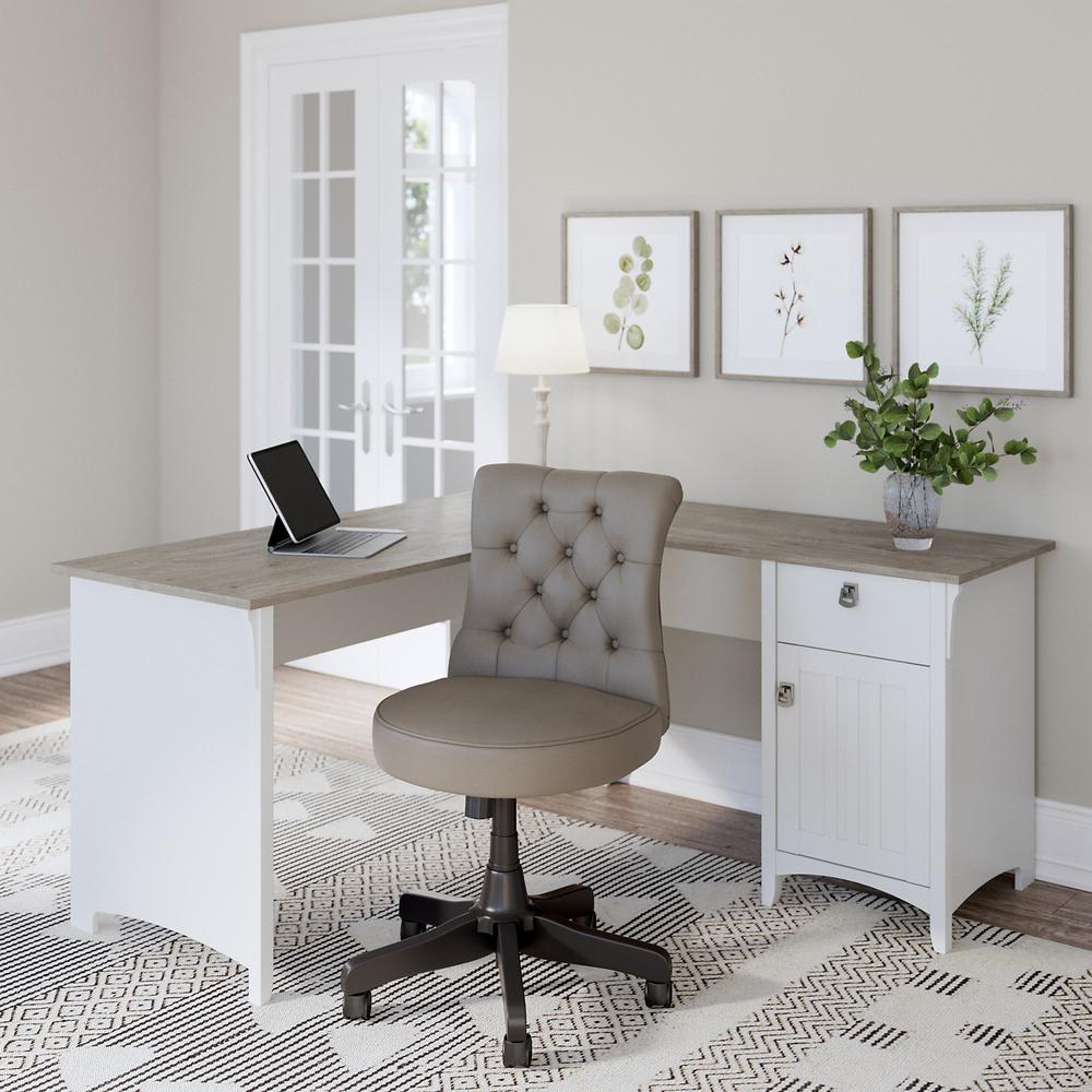 60W L Shaped Desk with Mid Back Tufted Office Chair Shiplap, Gray/Pure White. Picture 2