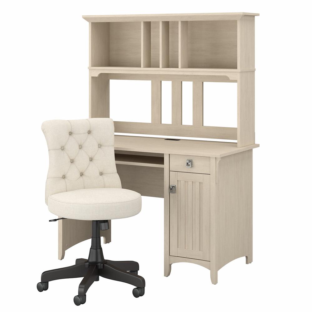 48W Computer Desk with Hutch and Mid Back Tufted Office Chair Antique White. Picture 1