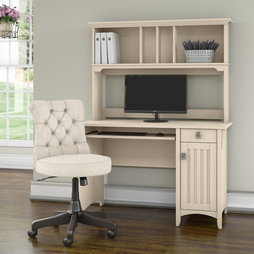 48W Computer Desk with Hutch and Mid Back Tufted Office Chair Antique White. Picture 2