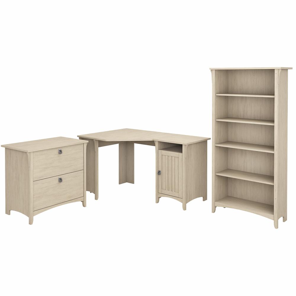 Bush Furniture Salinas 55W Corner Desk with Lateral File Cabinet and 5 Shelf Bookcase in Antique White. Picture 1