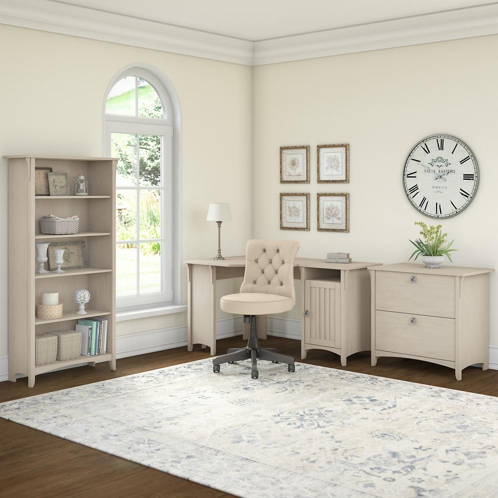 Bush Furniture Salinas 55W Corner Desk with Lateral File Cabinet and 5 Shelf Bookcase in Antique White. Picture 3