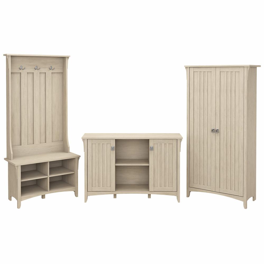 Bush Furniture Salinas Entryway Storage Set with Hall Tree, Shoe Bench and Accent Cabinets, Antique White. Picture 1