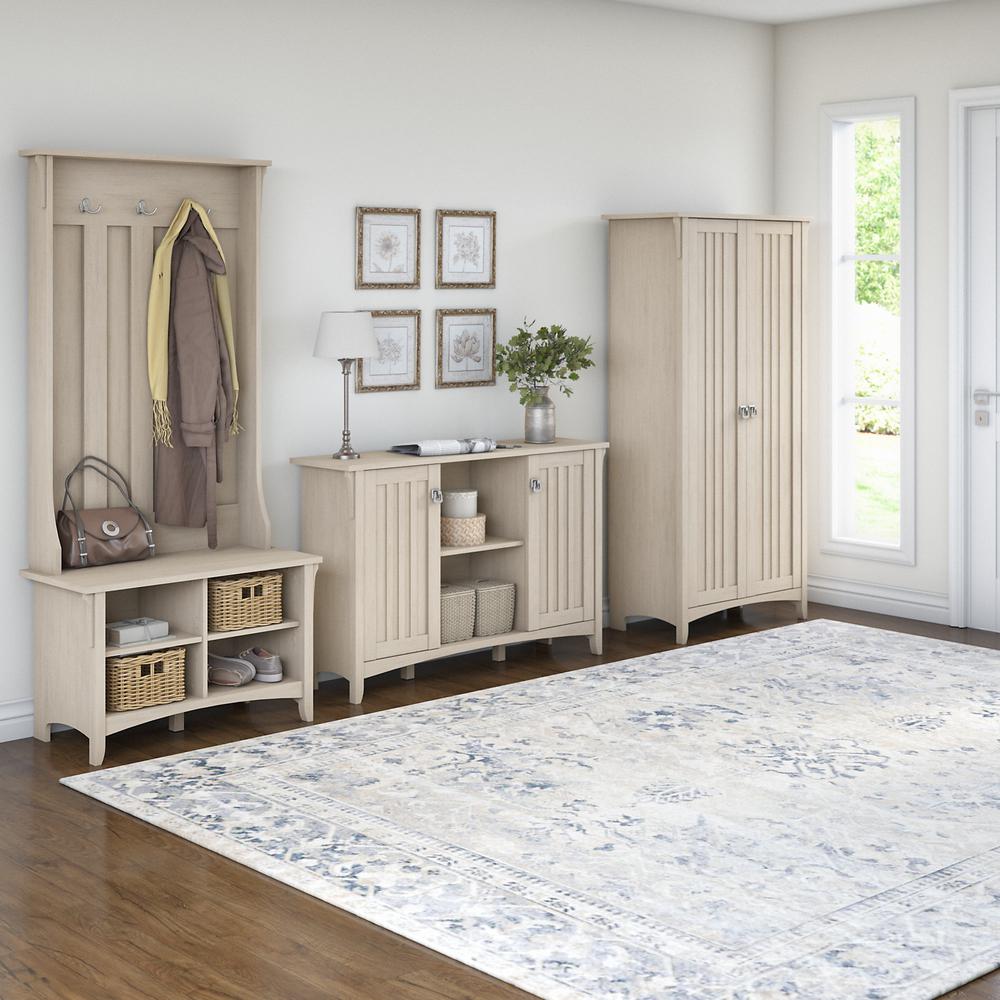 Bush Furniture Salinas Entryway Storage Set with Hall Tree, Shoe Bench and Accent Cabinets, Antique White. Picture 2