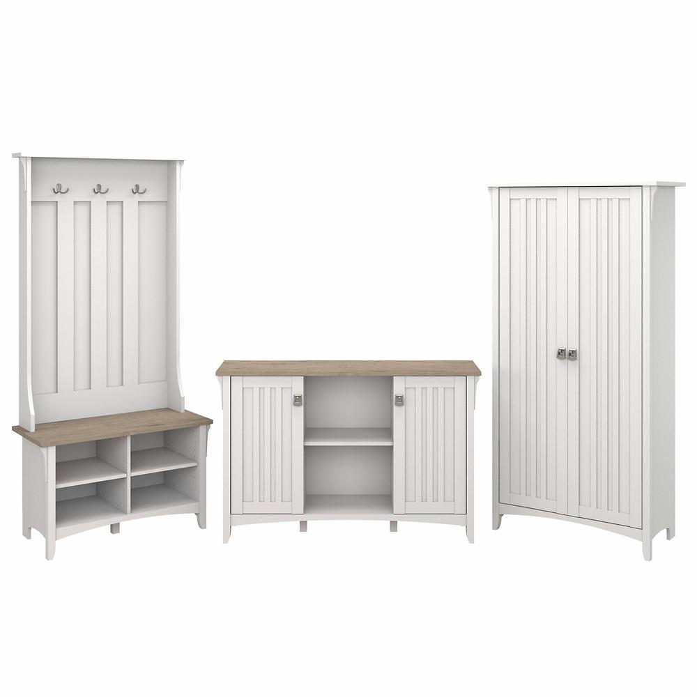 Bush Furniture Salinas Entryway Storage Set with Hall Tree, Shoe Bench and Accent Cabinets, Shiplap Gray/Pure White. Picture 1