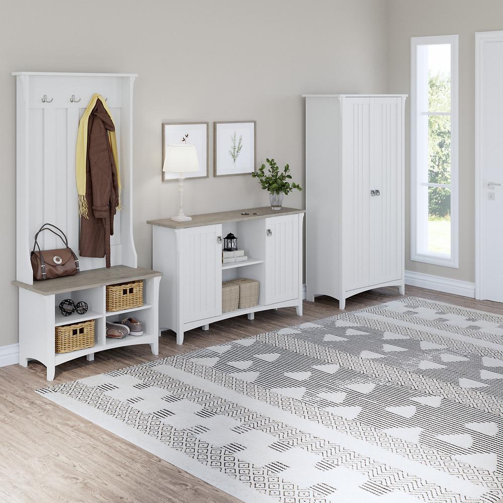 Bush Furniture Salinas Entryway Storage Set with Hall Tree, Shoe Bench and Accent Cabinets, Shiplap Gray/Pure White. Picture 2