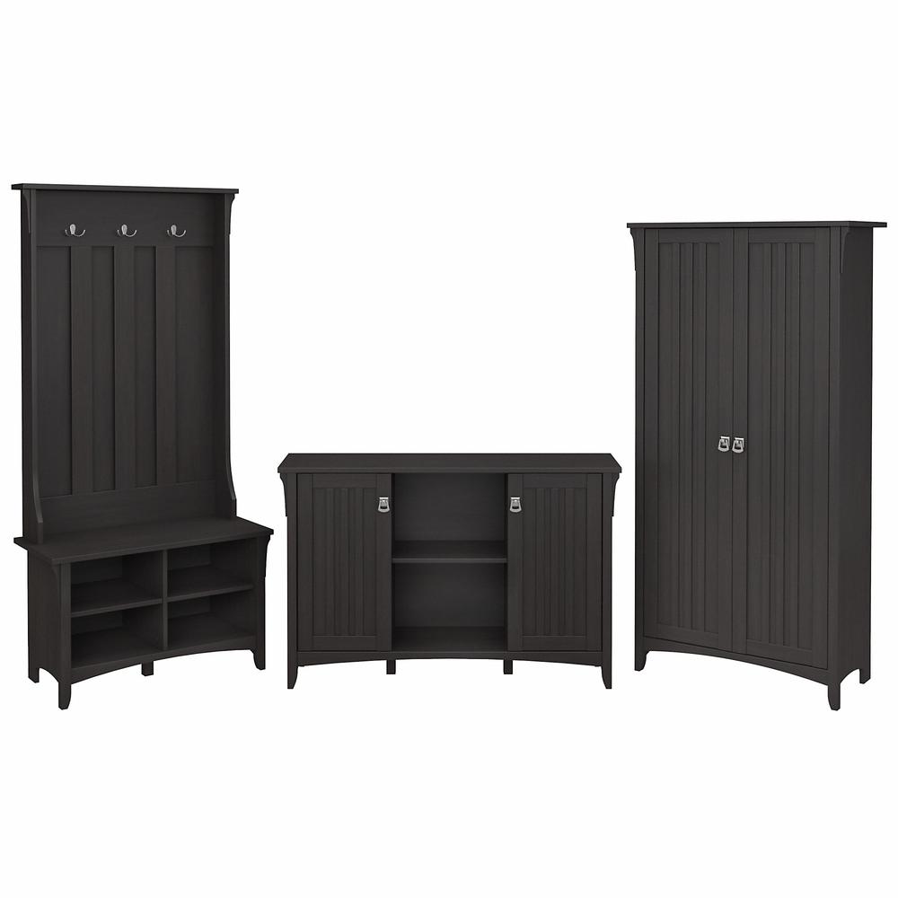 Bush Furniture Salinas Entryway Storage Set with Hall Tree, Shoe Bench and Accent Cabinets, Vintage Black. Picture 1