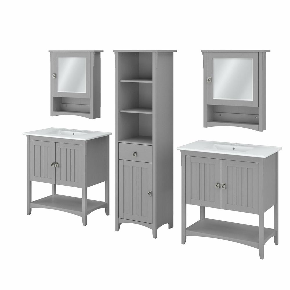 64W Double Vanity Set with Sinks, Medicine Cabinets and Linen Tower Cape Cod Gray. Picture 1