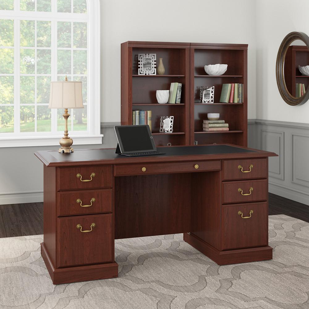 Bush Furniture Saratoga Executive Desk and Bookcase Set, Harvest Cherry/Black. Picture 2