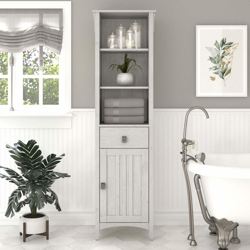 Salinas Tall Bathroom Storage Cabinet in Linen White Oak. Picture 7