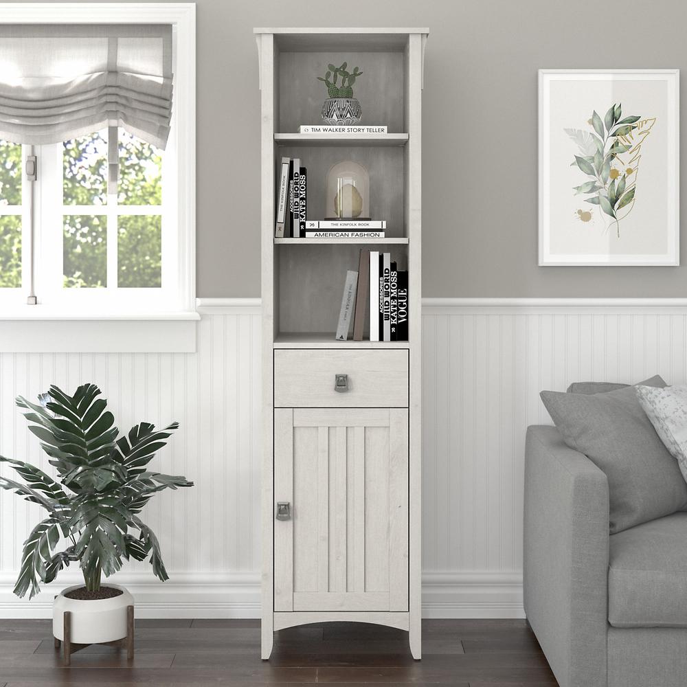 Bush Furniture Salinas Tall Narrow Bookcase Cabinet Linen White Oak. Picture 2