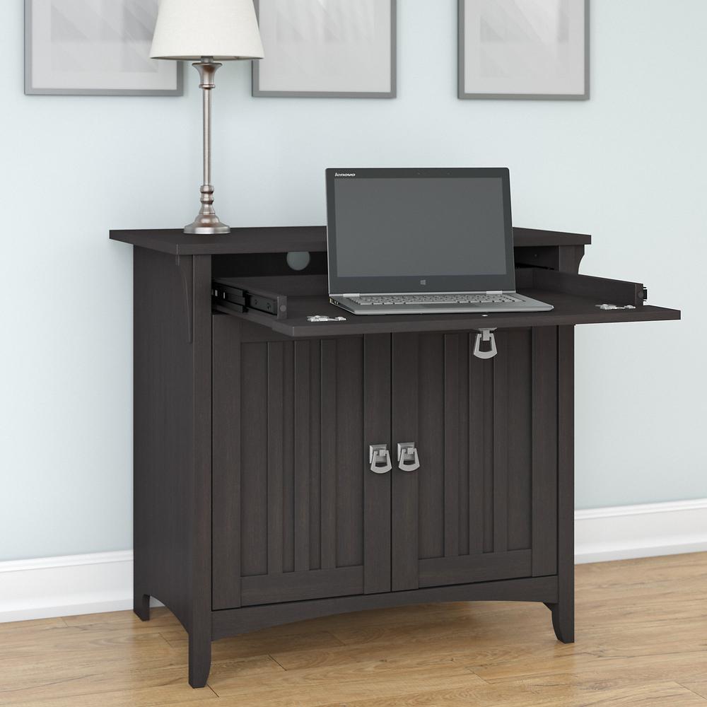 Bush Furniture Salinas Secretary Desk with Keyboard Tray and Storage Cabinet in Vintage Black. Picture 3