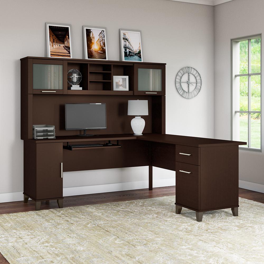 Bush Furniture Somerset 72W L Shaped Desk with Hutch, Mocha Cherry. Picture 2