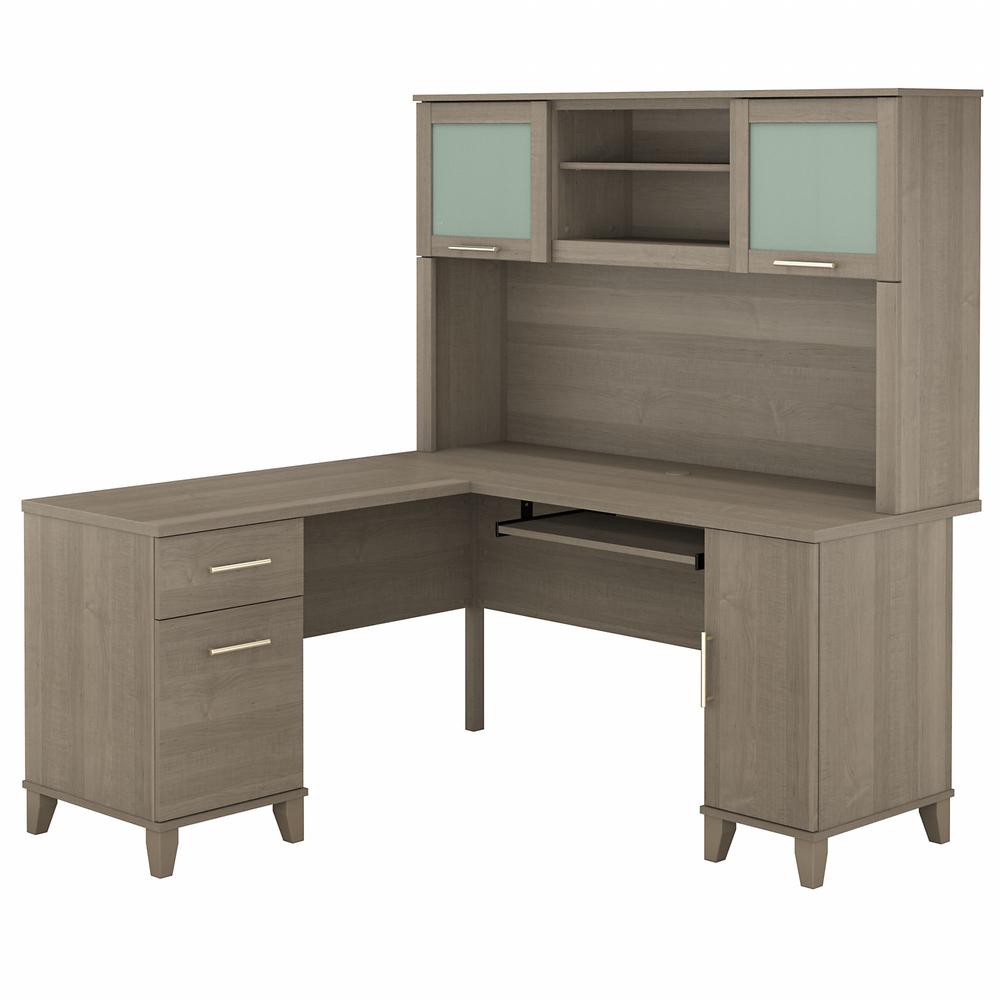Bush Furniture Somerset 60W L Shaped Desk with Hutch, Ash Gray. Picture 1