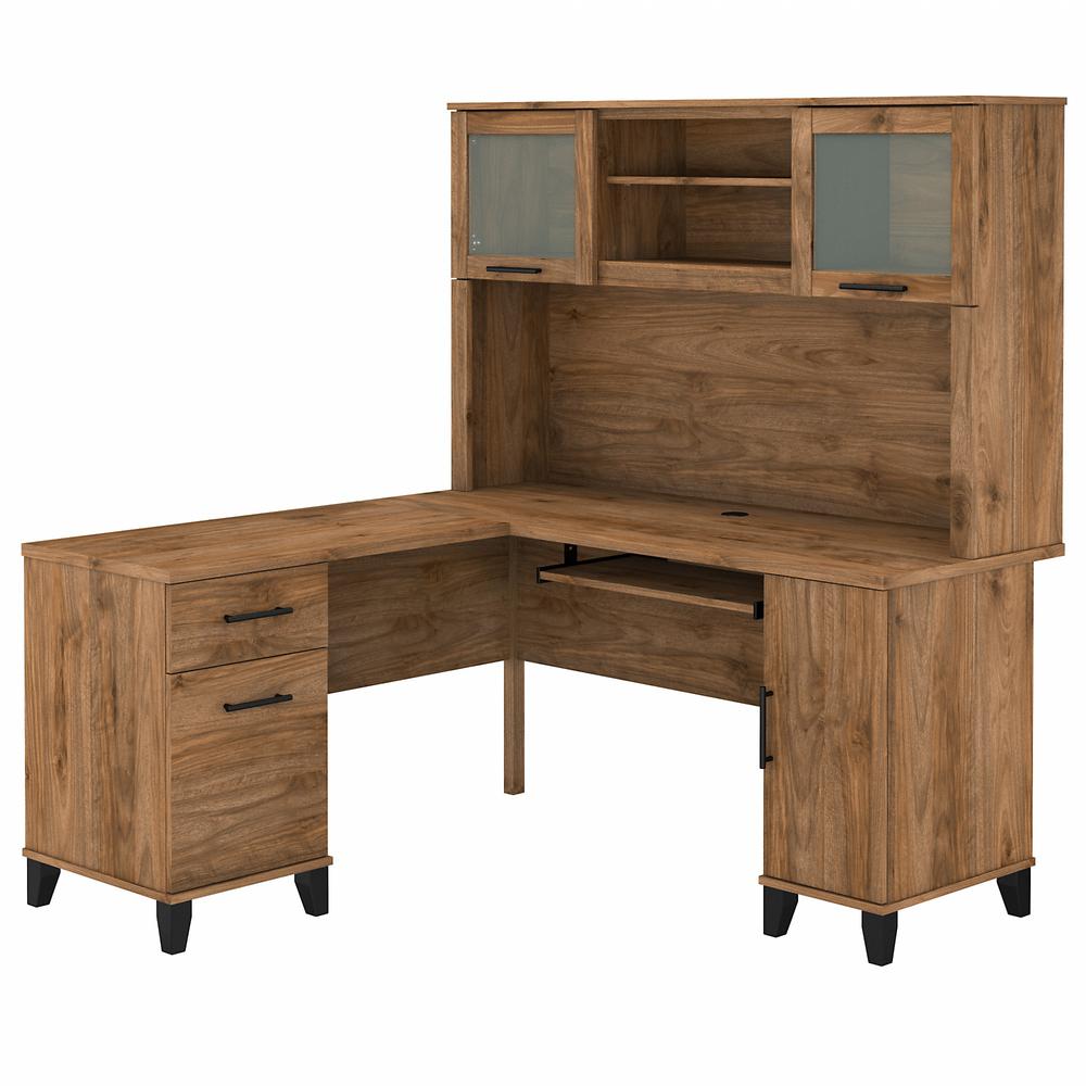 Bush Furniture Somerset 60W L Shaped Desk with Hutch, Fresh Walnut. Picture 1