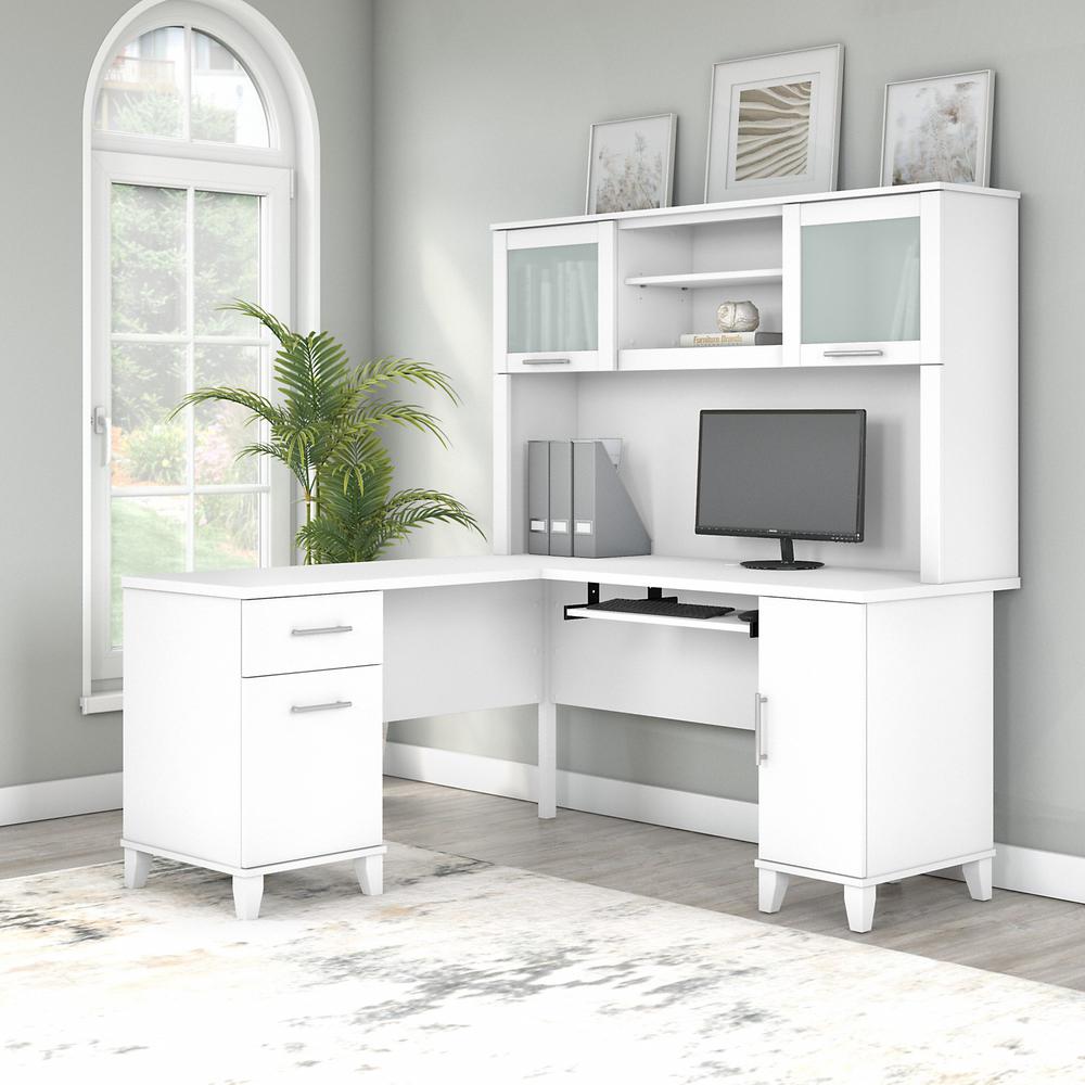 Bush Furniture Somerset 60W L Shaped Desk with Hutch, White. Picture 2