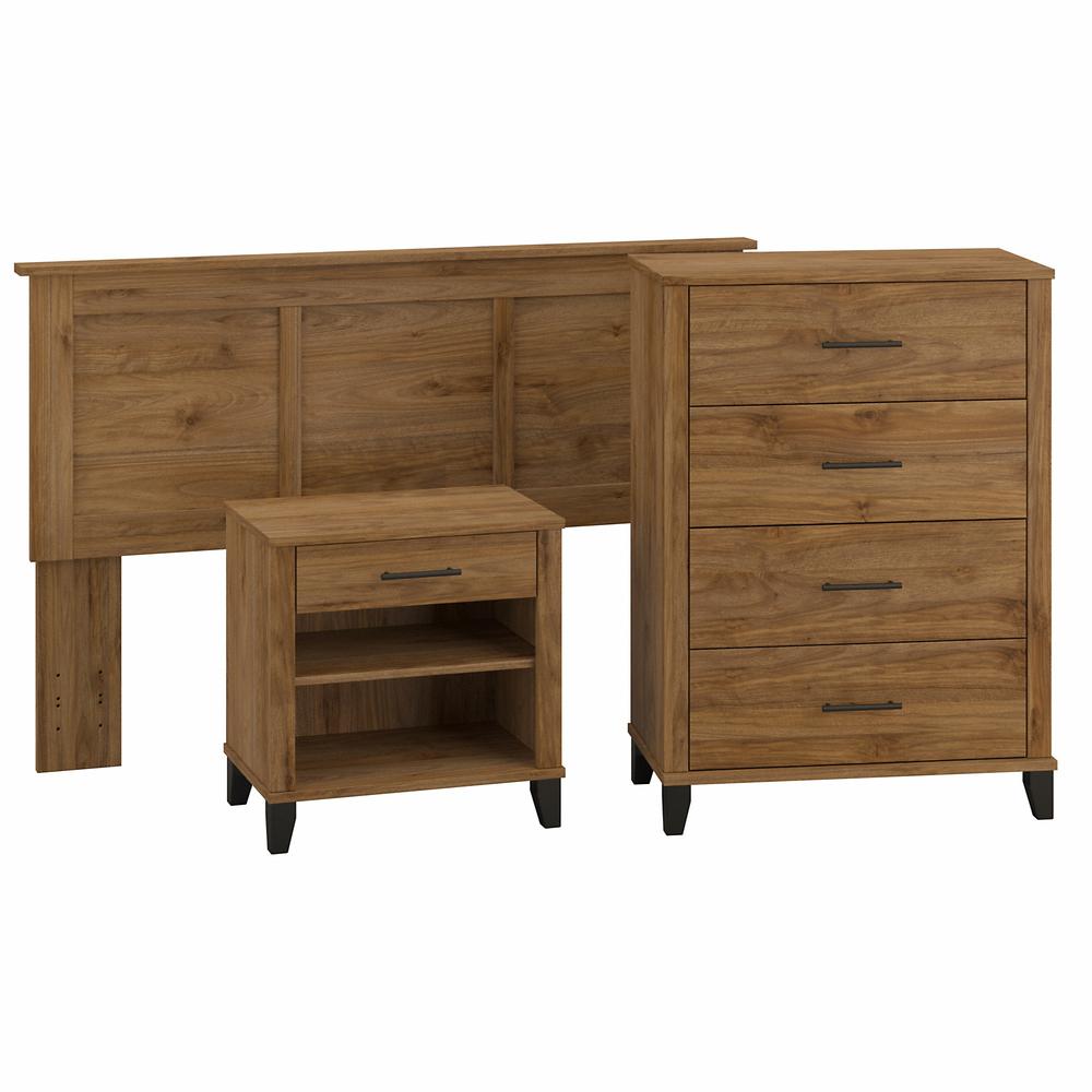Bush Furniture Somerset Full/Queen Size Headboard, Chest of Drawers and Nightstand Bedroom Set, Fresh Walnut. Picture 1