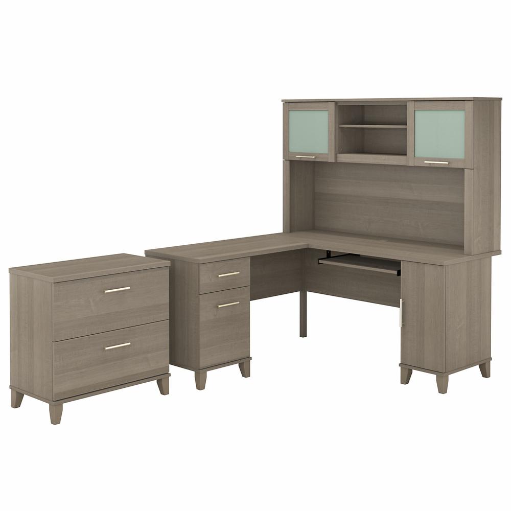 Bush Furniture Somerset 60W L Shaped Desk with Hutch and Lateral File Cabinet, Ash Gray. Picture 1