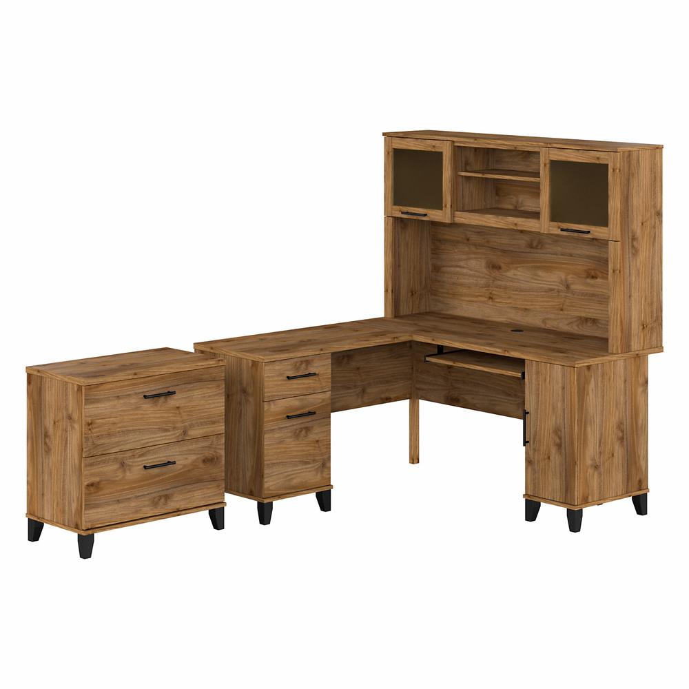 Bush Furniture Somerset 60W L Shaped Desk with Hutch and Lateral File Cabinet, Fresh Walnut. Picture 1